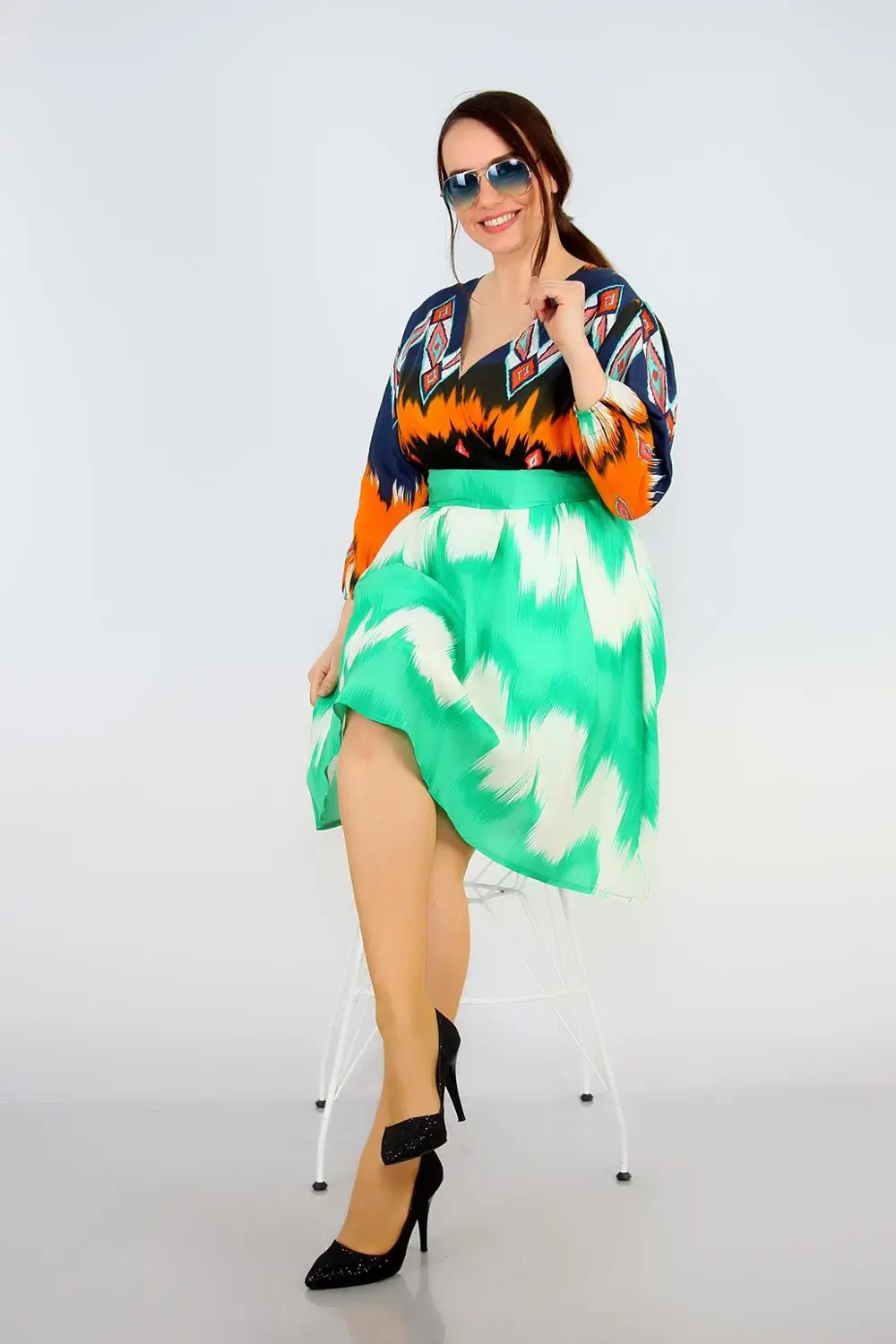 Женское шифоновое платье большого размера с рукавом три четверти зеленое 1466 |