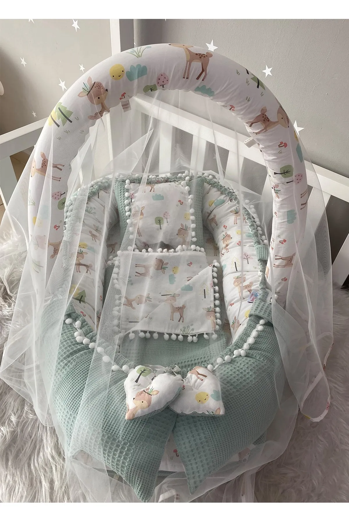 Jaju Baby Handmade Waffle Green Pique Fabric Poplin Fabric Pompom Babynest and Quilt Toy Apparatus and Tulle Set Mother Side