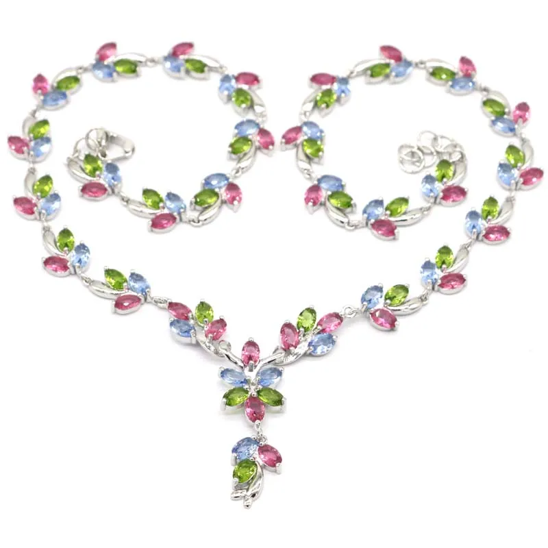 

48x14mm Multi Color Created Pink Tourmaline Peridot Violet Tanzanite Wome Dating Silver Necklace