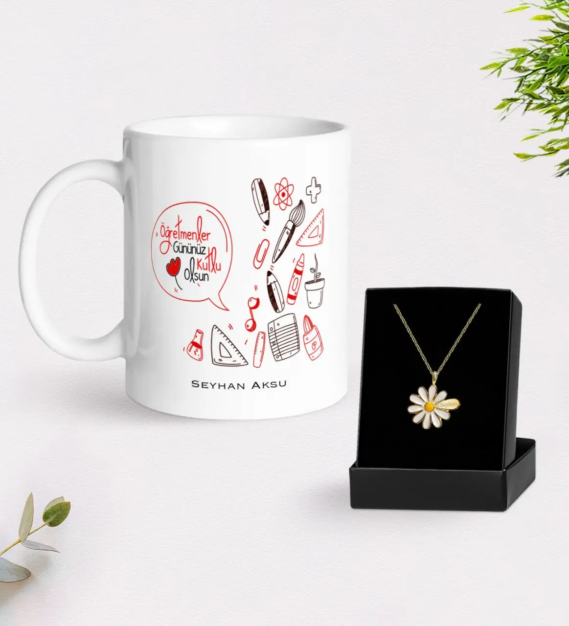 

Персонализированные учителя подарок-днем белая кружка и ожерелье Маргаритка подарок Seti-2