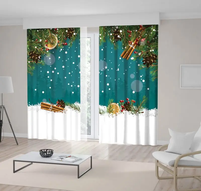 

Curtain Christmas Decor with Fir Branches Pine Cones Berries Snow Flakes on Navy Blue Background Green Red Brown Art Print