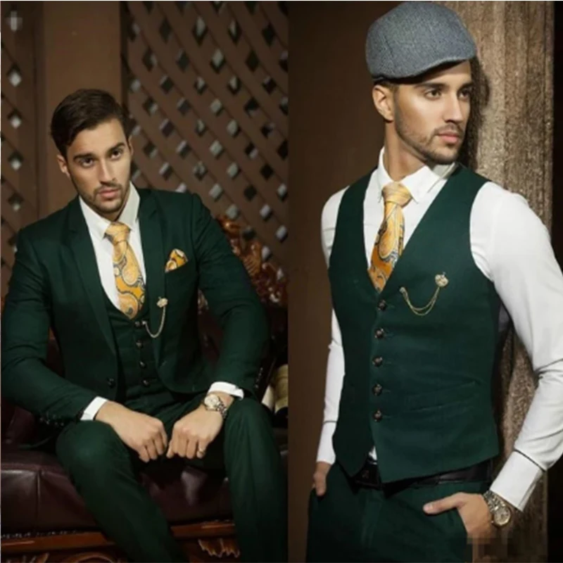 

2022 Hot Sell Green Men Suit Slim Fit Tailor-Made Groom Tuxedos Notch Lapel Men Blazer Prom Business Suit (Jacket+Pants+Vest)