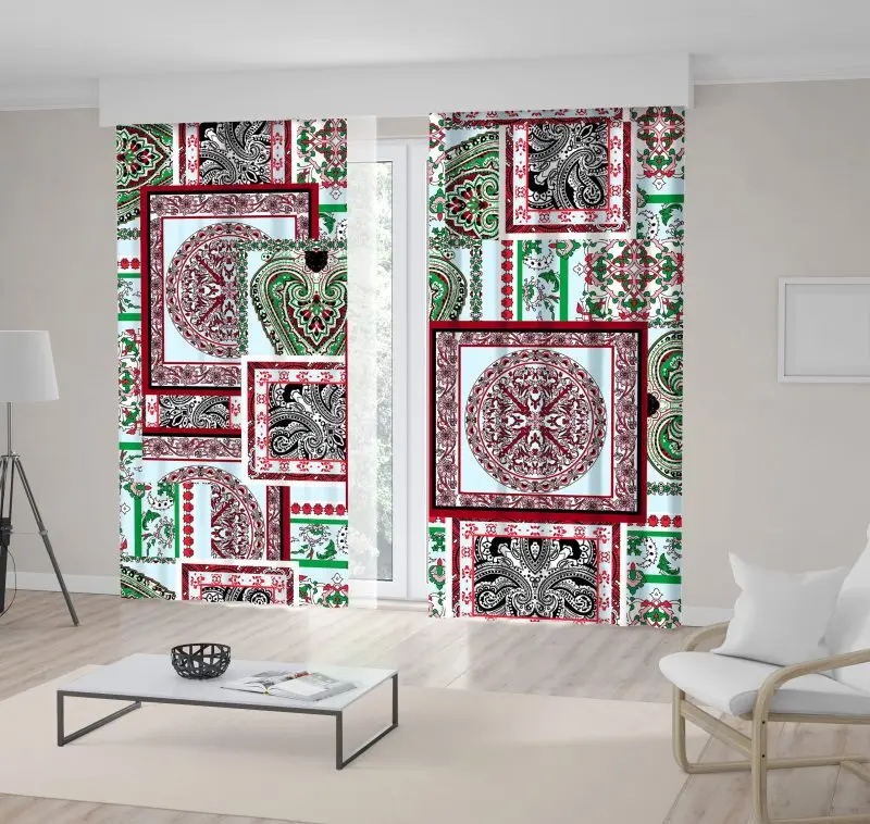 

Curtain Mosaic Style Patchwork Quilt Pattern Floral Motives Vintage Decorative Artwork Red White Green
