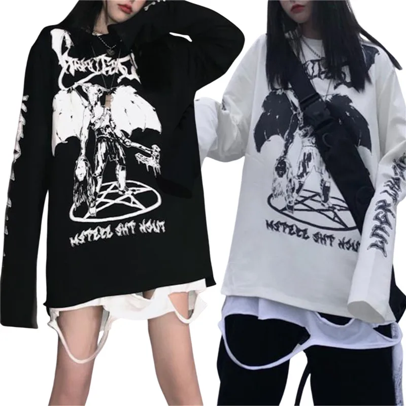 

Women’s Y2k Demon Letter Print Loose Sweatshirt Casual Long Sleeved Pullover Top Gothic Oversized Loose Hoodies Streetwear