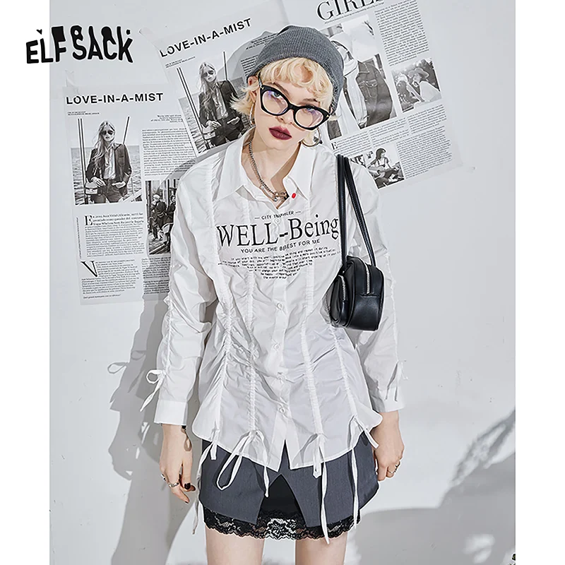 ELFSACK Solid Color Letter Print Casual Shirt Women,2022 Spring Vintage Full Sleeve,Korean Ladies Basic Top