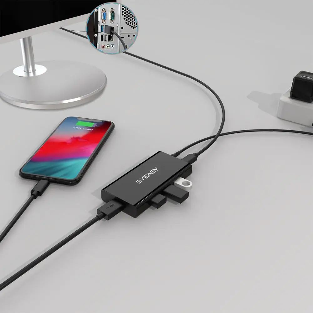 BYEASY USB 2 0 концентратор 7 портов s с кабелем длиной 3 футов адаптером питания и 1