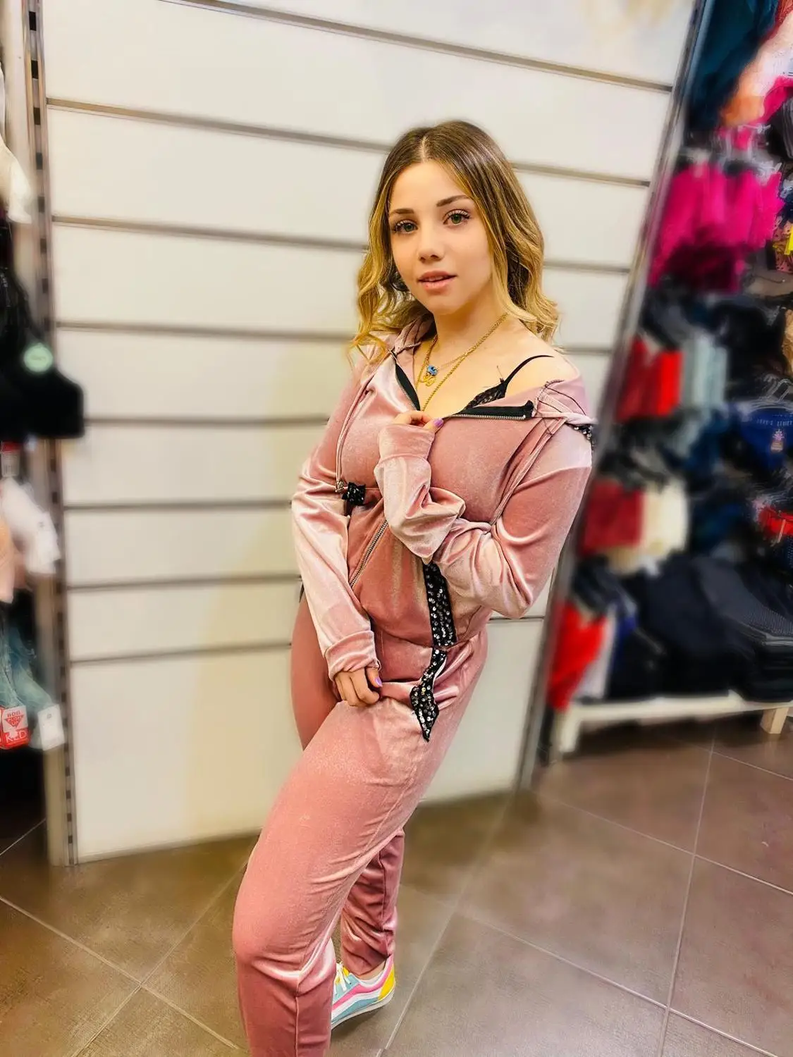 Sexy Outfits For Woman High Quality Fabric Made in Turkey too Flashy Pink Color Hooded Velor Tracksuit Team