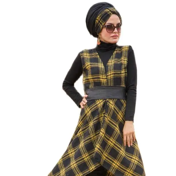 2022 Турция Осень-Зима Мусульманское Хиджаб Платье Женщины Абая Дубай-Африканский 1 шт. Желтый жилет Исламская одежда Кафтан 1 шт. Кожаный пояс...