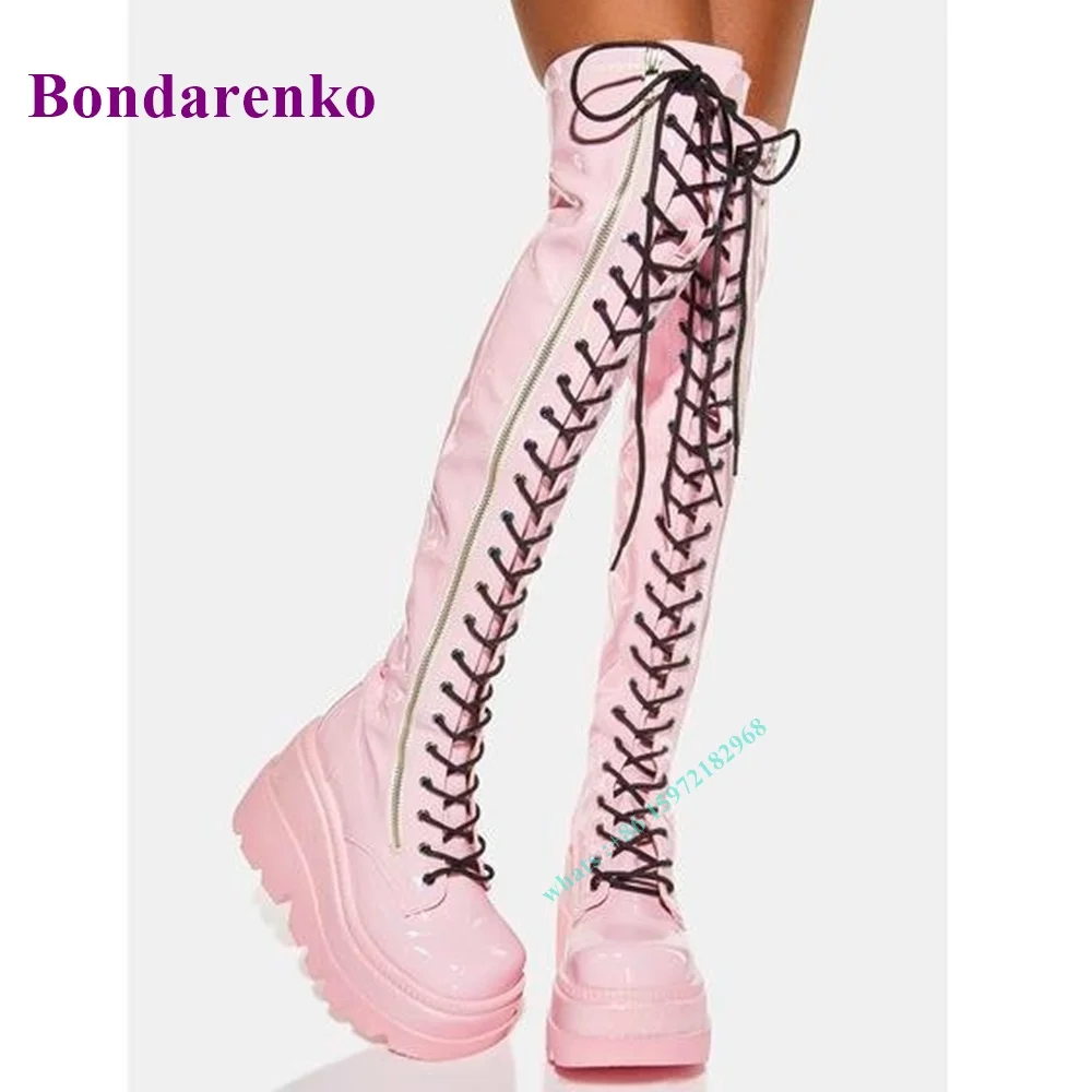 

Sweet Pinl Platform Lace Up Boots Over The Knee Round Toe Height Increasing Patent Solid Side Zipper Boots Party Dress Spring