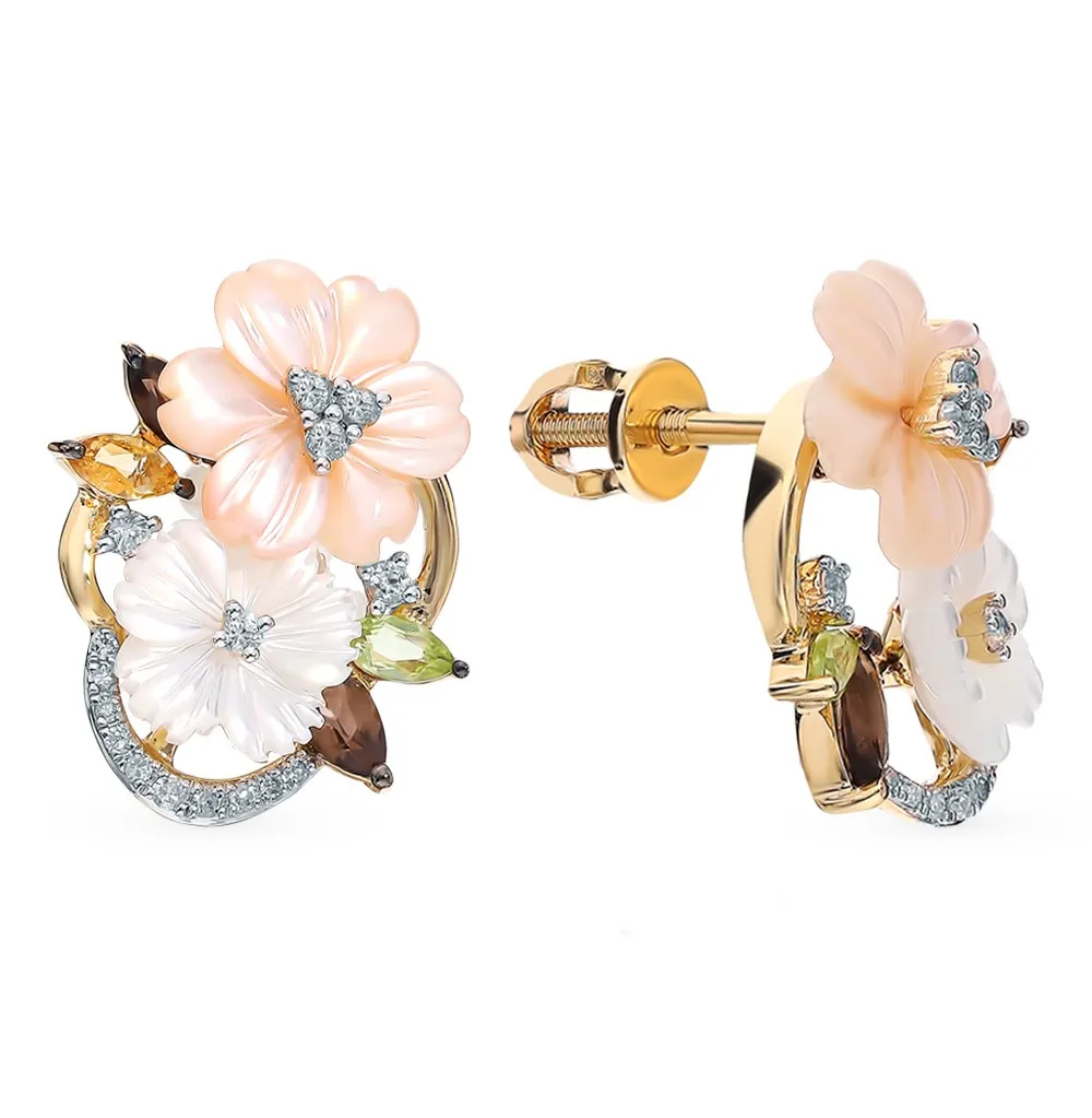 Золотые серьги с сапфирами хризолитом раухтопазами перламутром цитринами и