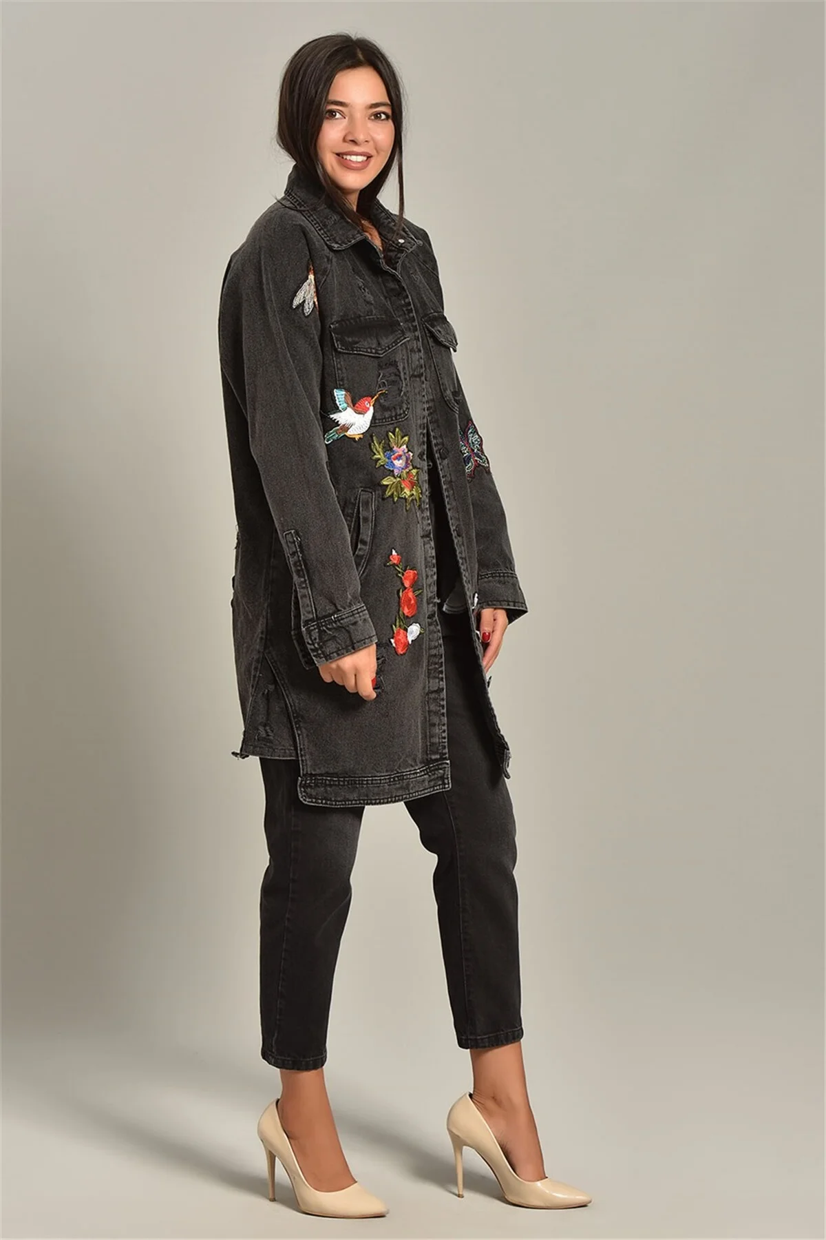 

Streetwear Black Denim Colorful Patterns Long Jacket Oversized Pockets Women's Denim Jackets BF Vintage Casual Coat Spring 2021