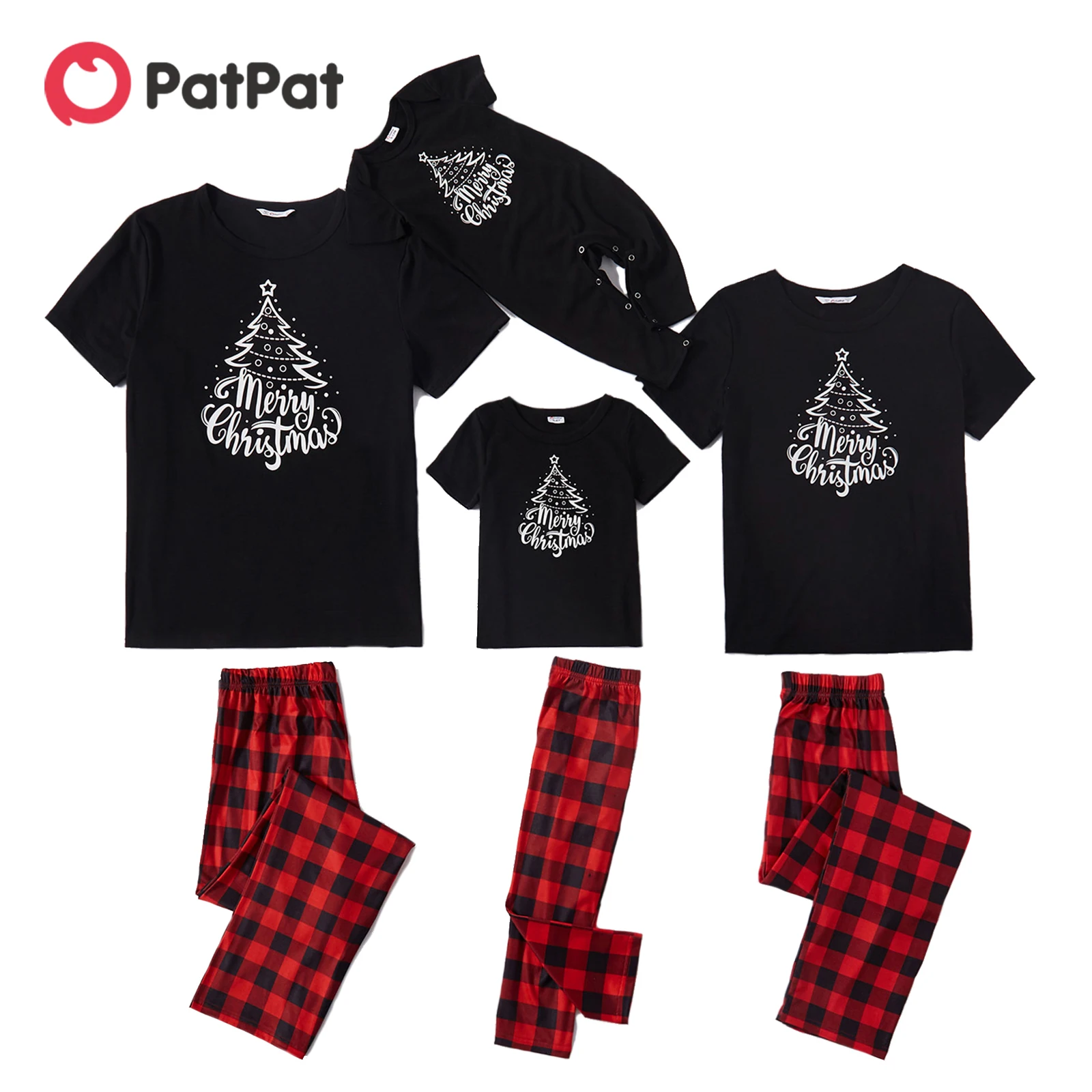 

PatPat Christmas Tree and Letter Print Family Matching Black Short-sleeve Plaid Pajamas Sets (Flame Resistant)