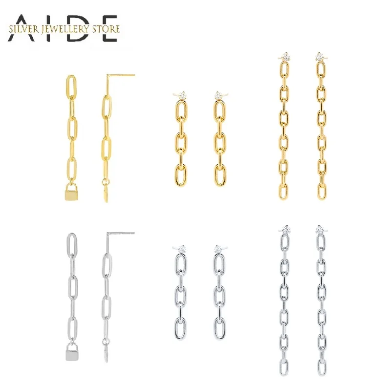 

AIDE Fashion Long Lock Drop Earrings Geometric INS Chain Piercing Dangle Earrings For Women Fine Jewelry pendientes plata 925