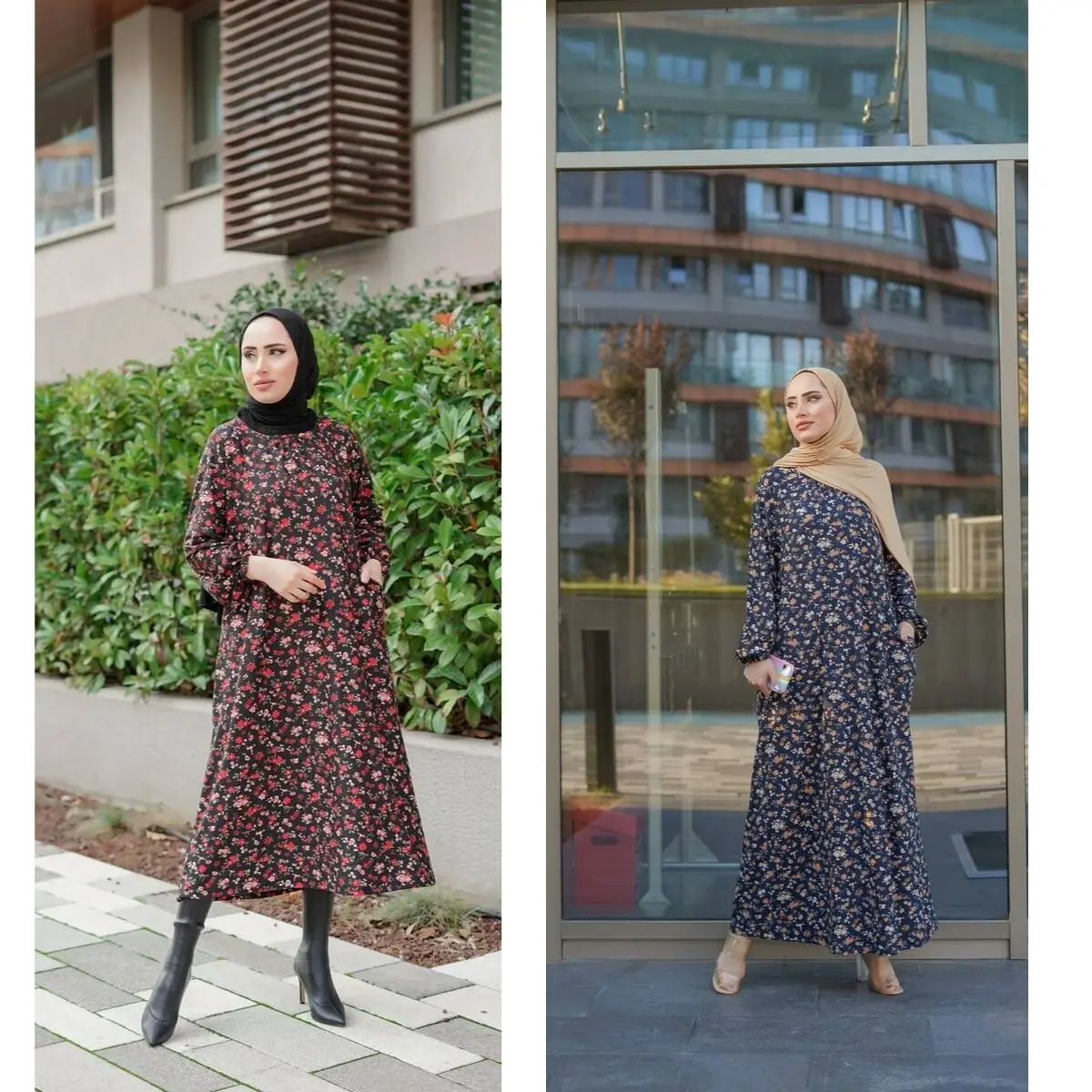 Slim Floral Pattern Dress Elastic Sleeve Pockets Seasonal Women's Clothing Muslim Hijab Fashion Summer Islamic  Turkey Istanbul