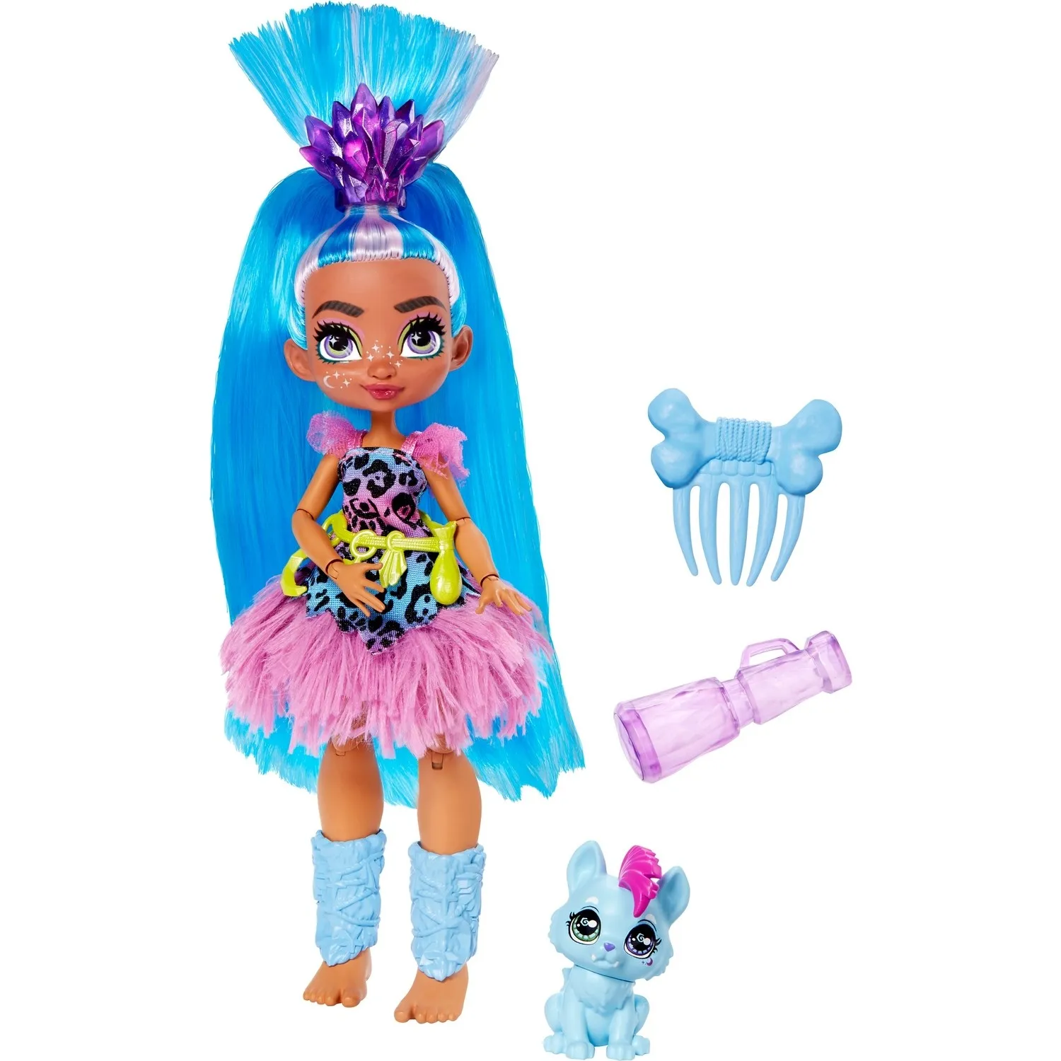 

Cave Club Tella Doll Blue Hair Poseable Prehistoric Fashion With Dinosaur Pet and Accessories Gift