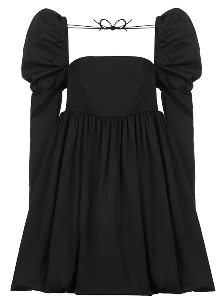 Rapwriter Elegant A Line Dress Vintage Square Collar Party Dress Korean Evening Prom Dress Romantic Black Short Dress For Girl