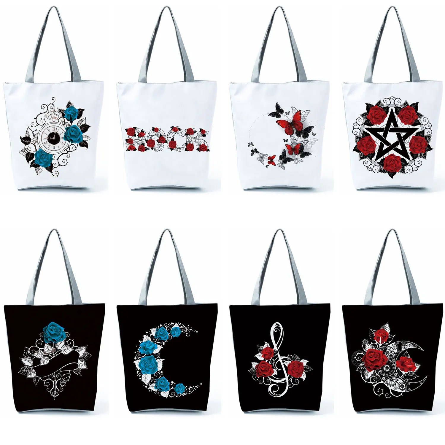 New Fashion Floral Women Black Handbags Red Rose Musical Note Print Tote Graphic Shoulder Bag Female Ladies Casual Shopping Bag