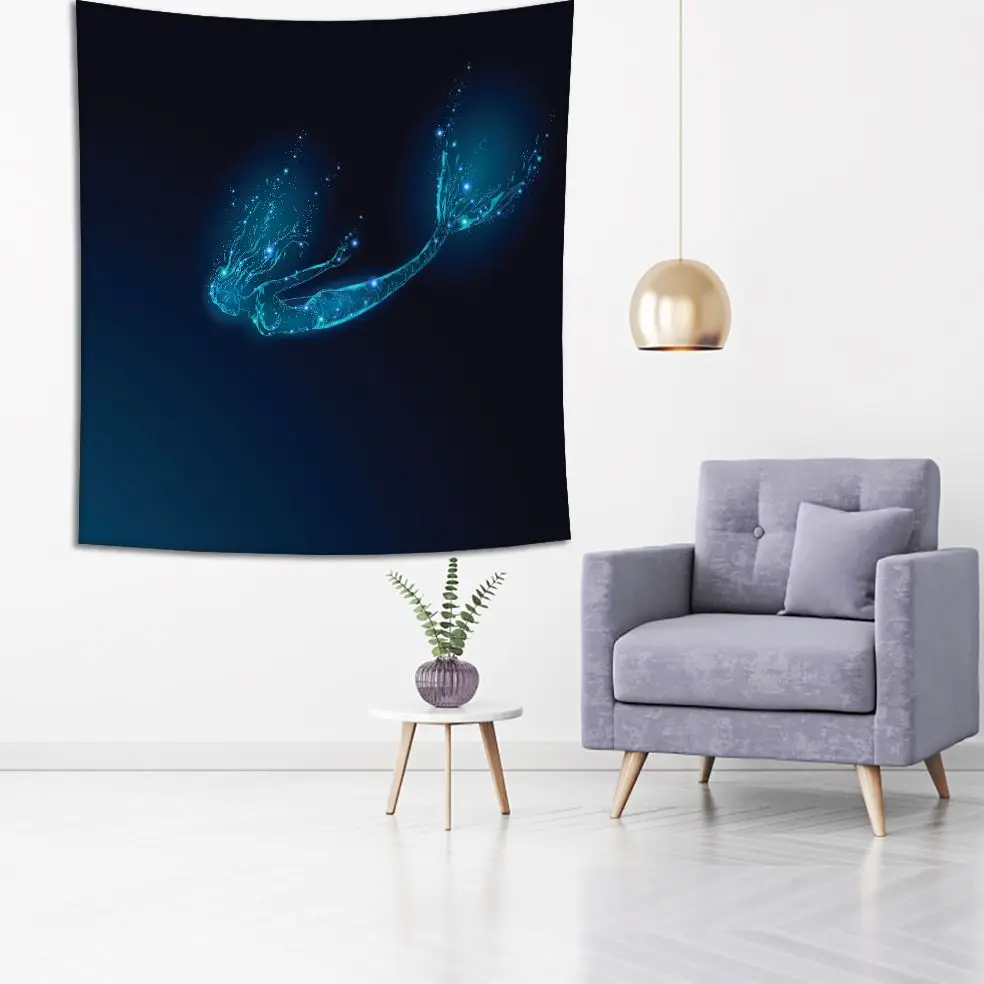 Tapestry Mermaid Diving in Deep Ocean Low Poly Pattern Fantasy Mystic Creature Artwork Blue Green | Дом и сад