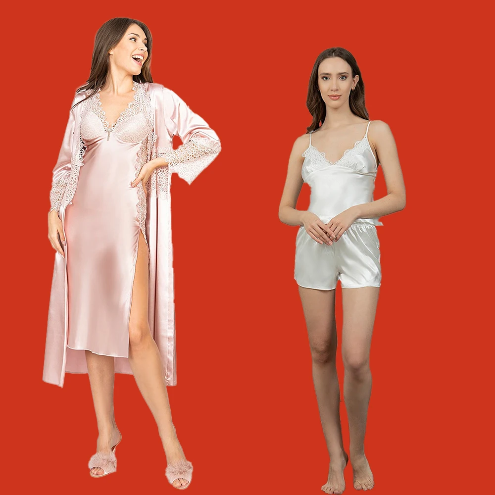 

2022 New 6 Pieces Female Satin Nightgown Dressing Gown Pajamas V-neck Lady Sexy Lacy Lingerie Women Bridesmaid Shorts Long Skirt