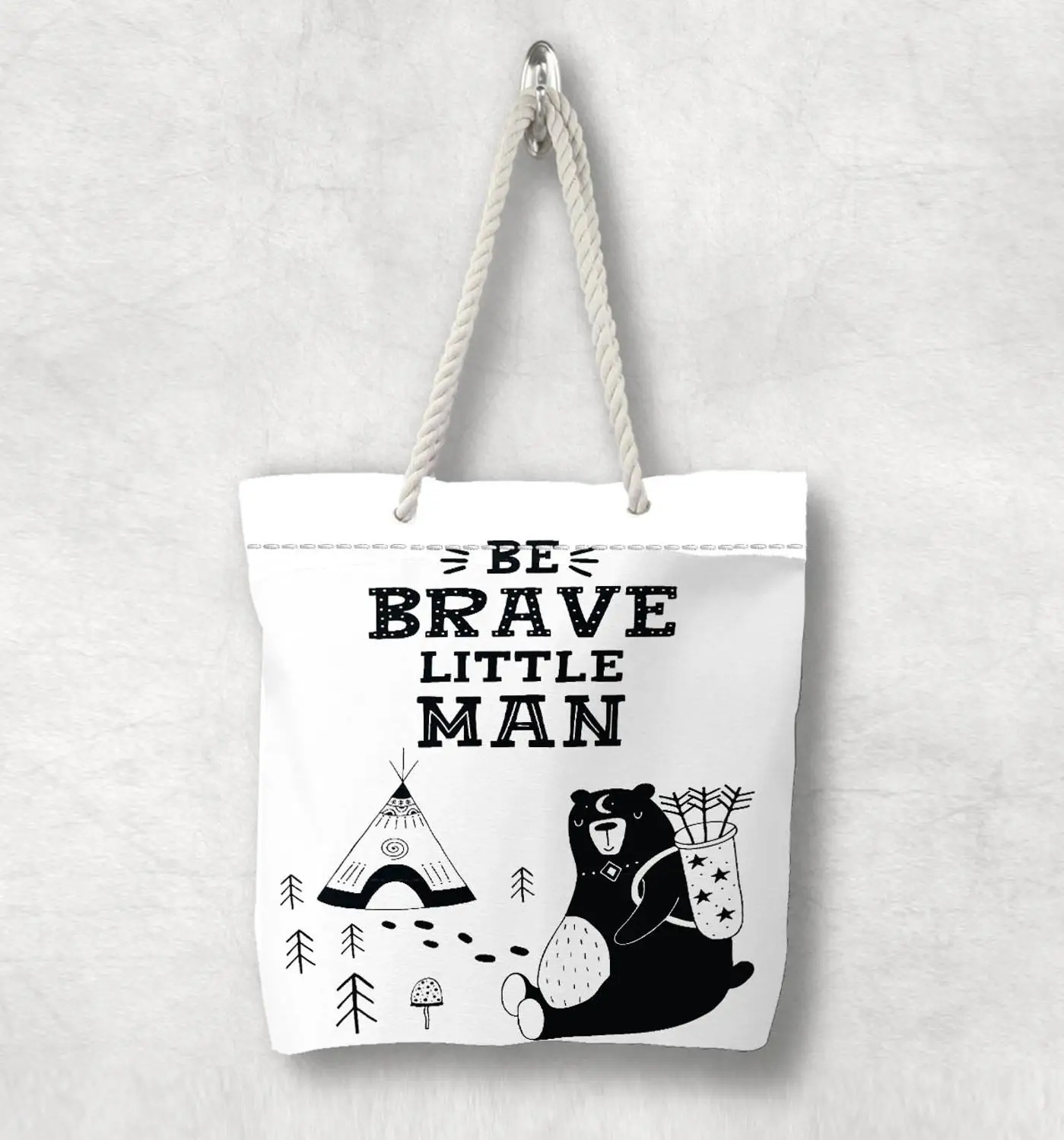 

Else Black White Brave Man Bears Nordic Scandinavian White Rope Handle Canvas Bag Cartoon Print Zippered Tote Bag Shoulder Bag