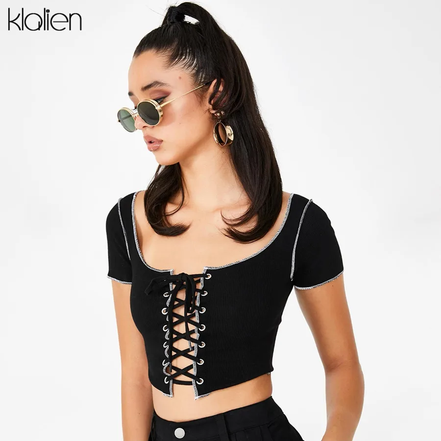 KLALIEN черная сексуальная женская футболка с коротким рукавом kawaii kpop одежда 2020
