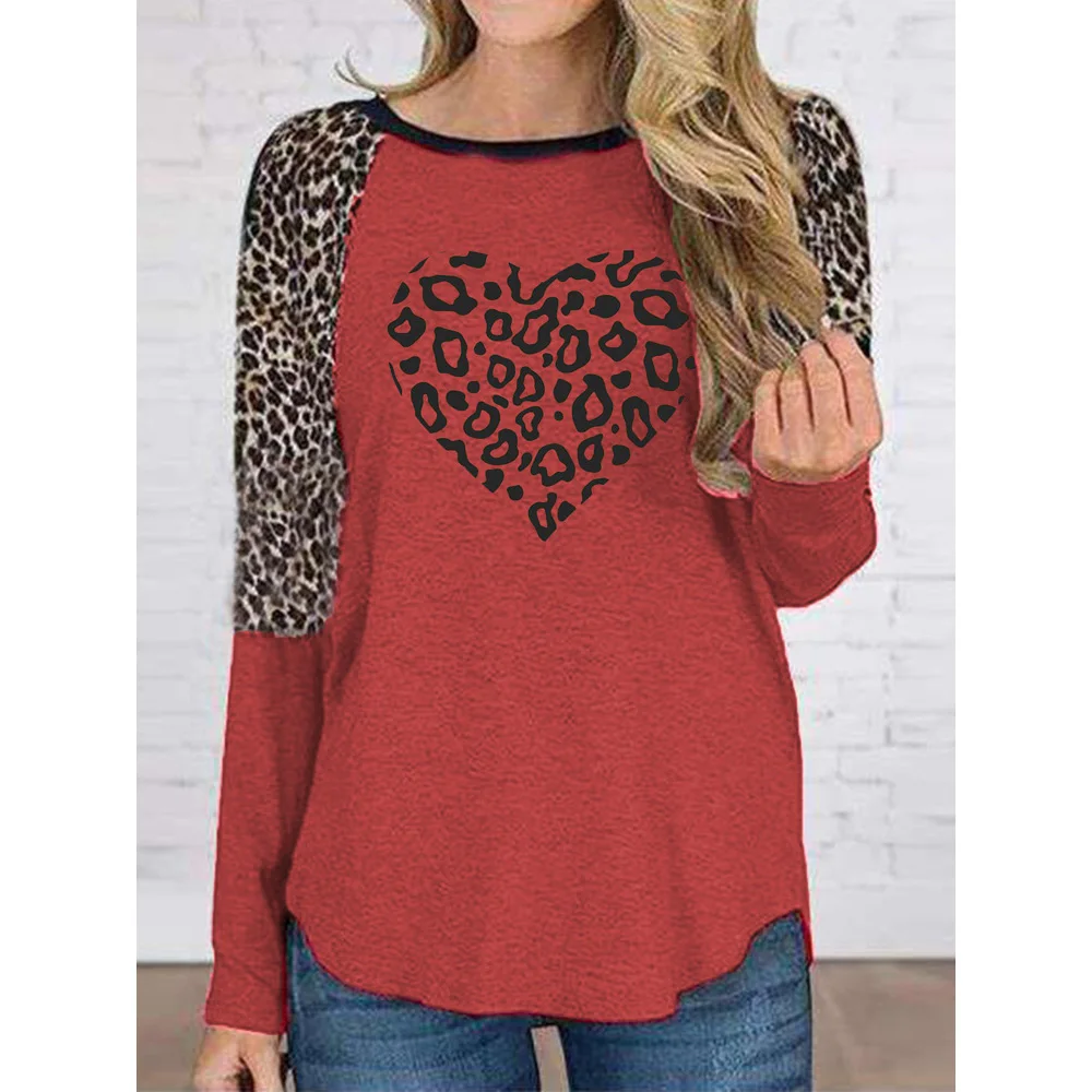 

Woman Tshirts Women's Fashion Leopard Print Love Print Shirts Femme Round Neck Long Sleeve Blusas Mujer Camisetas 2020 Autumn