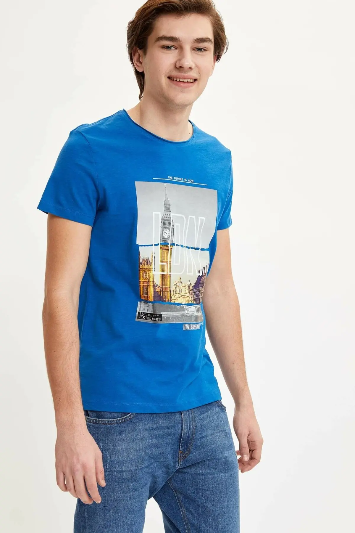 Фото DeFacto Мужская Летняя Повседневная футболка мужские синие футболки с изображением