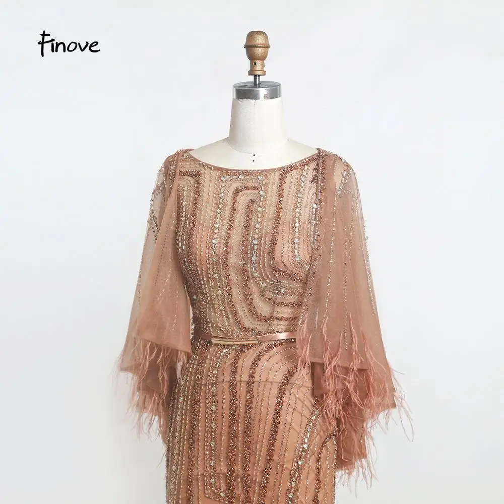 Finove Vintage Evening Dress Long 2020 New Noble Champagne Mermaid O Neck Beaded Feathers With Cloak Party Gowns Plus Size | Свадьбы и