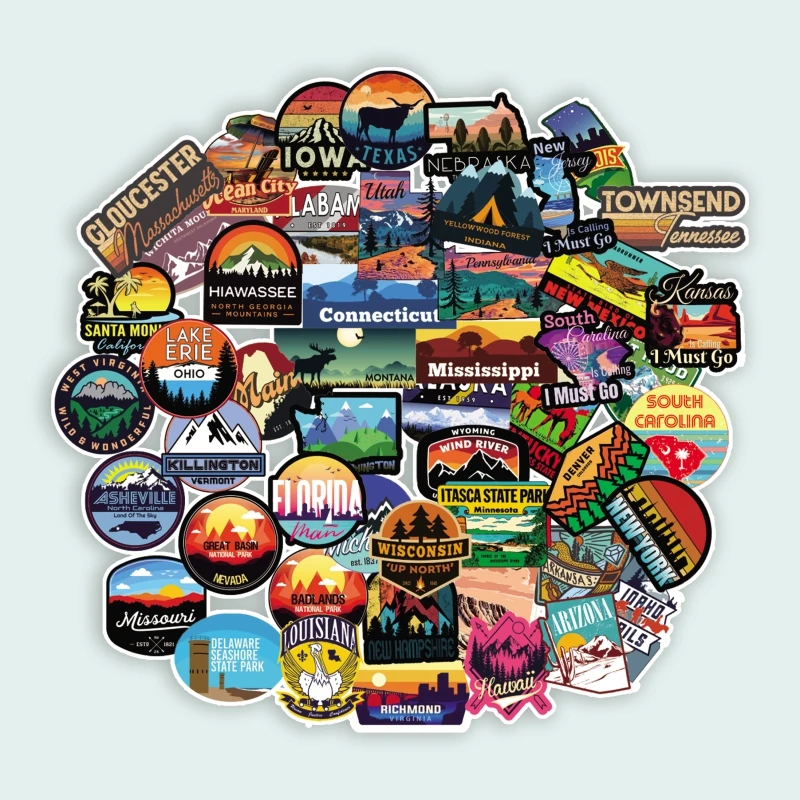 

50 PCS 50 States Of the United States Cartoon Mushroom Plant Graffiti Stickers Cute Travel Skateboard Suitcase Guitar Luggage