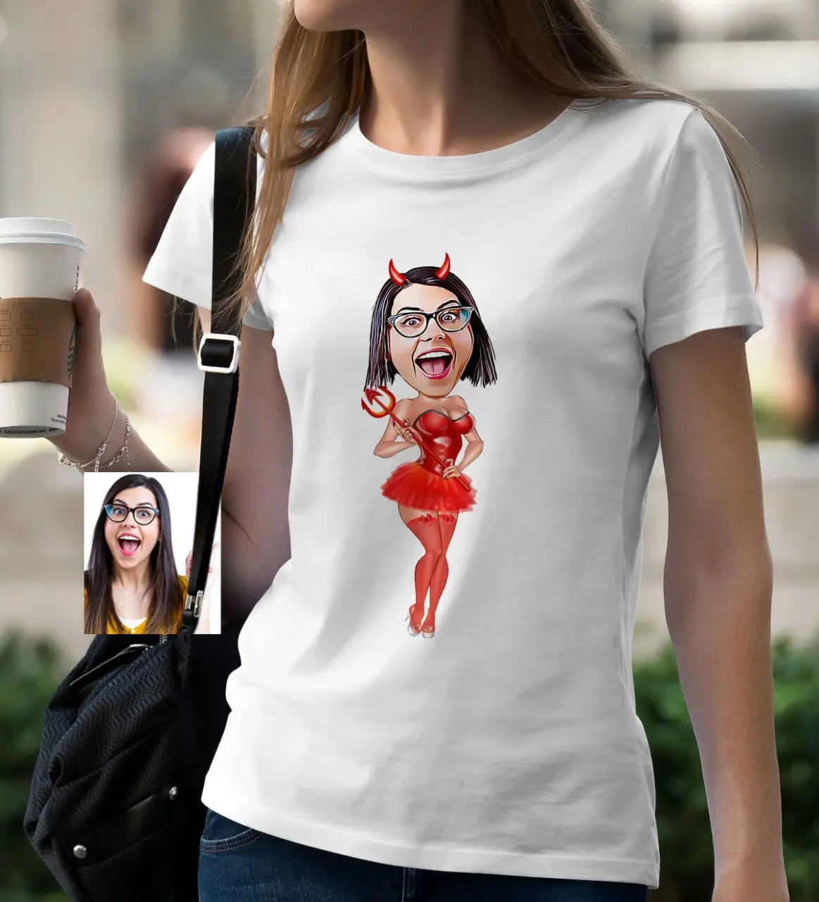 

Персонализированные дьявол женщин мультфильм белый T-Shirt-1