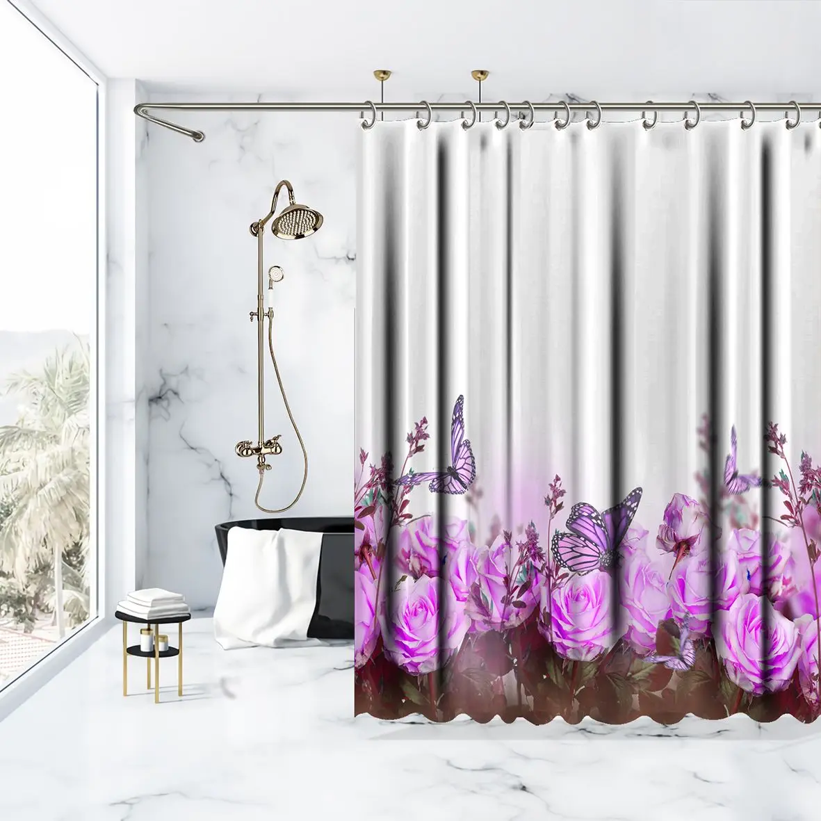 Занавеска для душа с розами и бабочками классический цветочный сад летние цветы