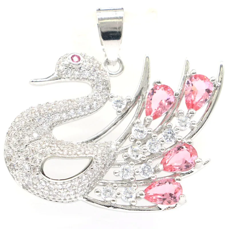 31x30 мм юбилейный Лебедь из розового морганита турмалина с белым фианитом женская