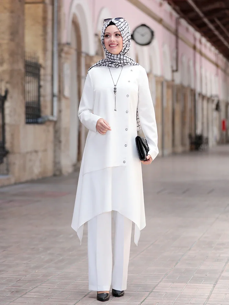 

Women Hijab Muslim Suit Tunic Pants Combination Islamic Fashion Casual Wear Made in Turkey Morocco Dubai Wedding Ceremony Plus