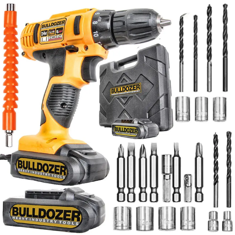 

Набор из 24 предметов для бульдозера, двойная беспроводная аккумуляторная отвертка, качественные ручные инструменты с сумкой для сверл