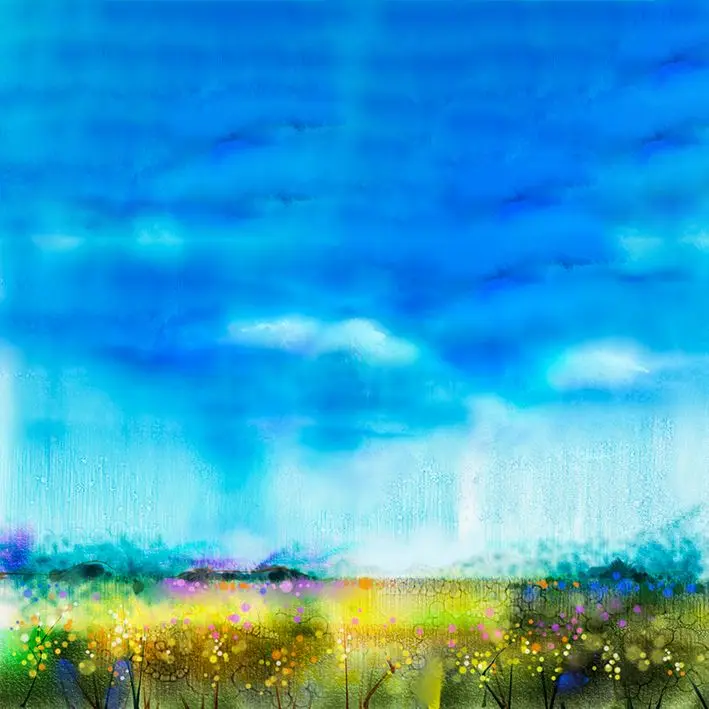 

Curtain Wildflowers Meadow in the Spring Summer Nature Landscape Watercolor Art Yellow Blue Green