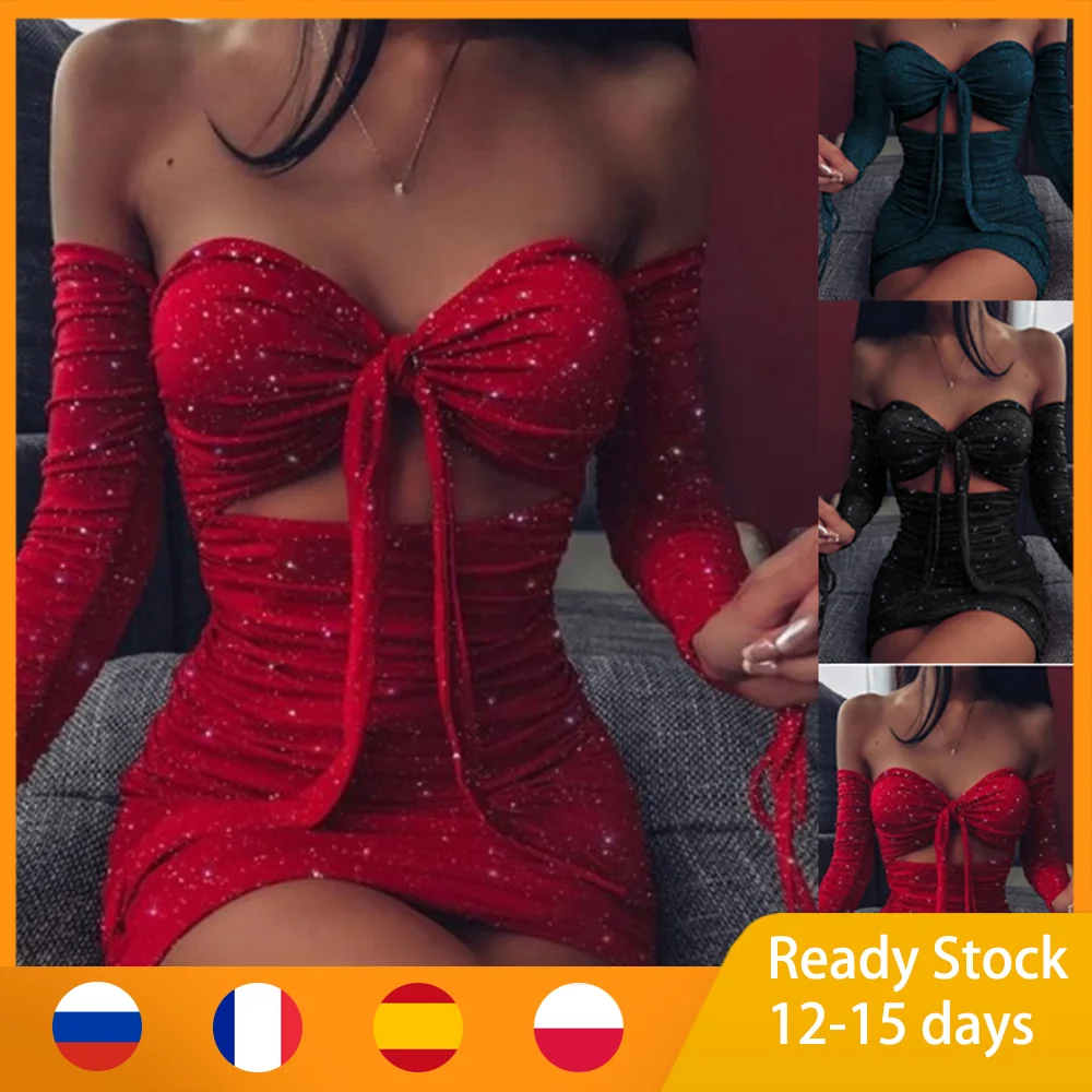 

Sexy Red Shiny Party Dress Women Long Sleeve Tie-up Bandage Strapless Club Bodycon Dress Hollow Out Folds Mini Dress