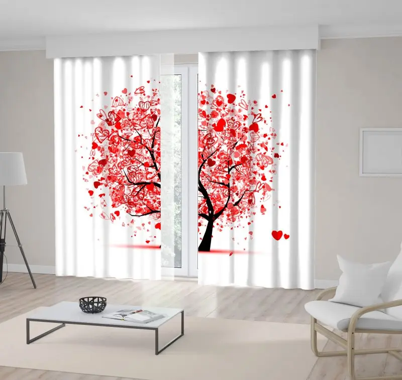 

Curtain Valentine Tree with Hearts Love Nature Life Happiness Theme Decorative Cartoon Style Artwork Red Black