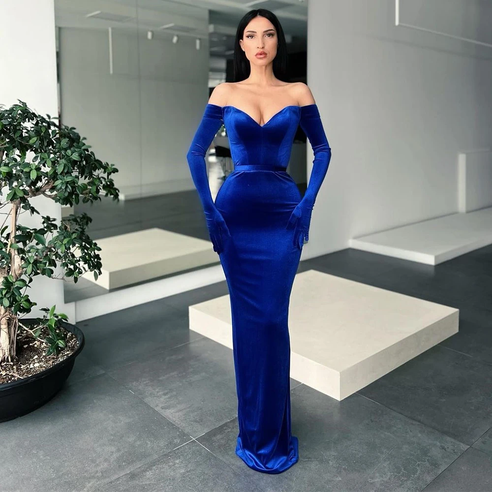 

Off The Shoulder Strapless Deep Blue Evening Dresses Full Sleeve Straight Women's Dress with Sashes Vestidos Elegantes Para Muje