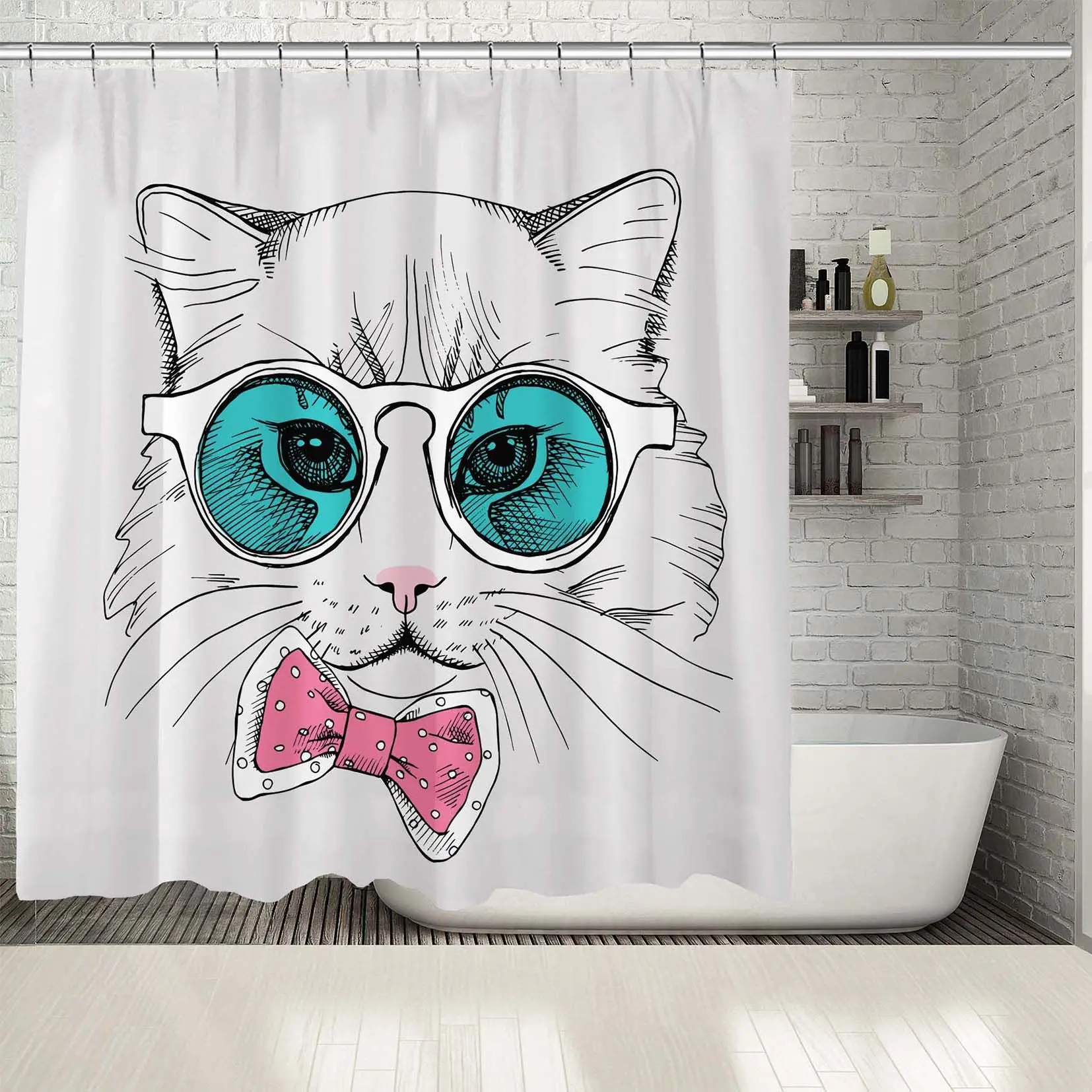 Занавеска для душа Милая кошка в очках и галстук бабочка модный стильный