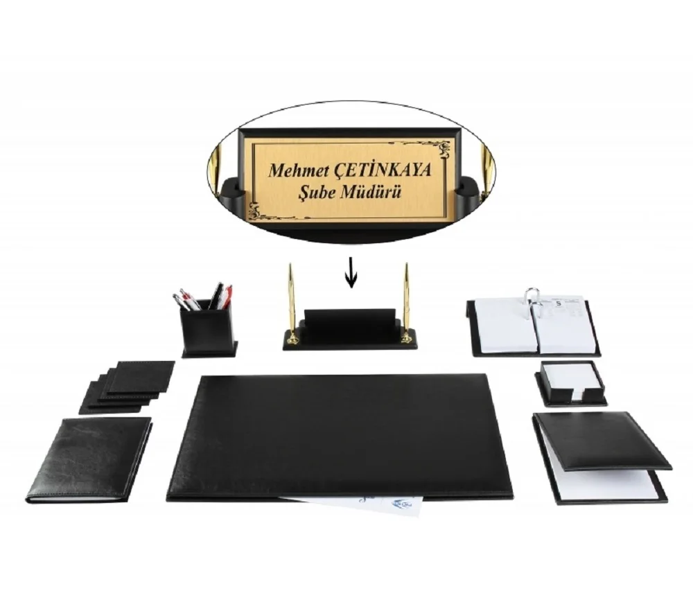 YERSU Office Business Black Leather Desk Table Pad Accessories Set and Wooden Nameplate FULL SET Free Engraving to Name Plate
