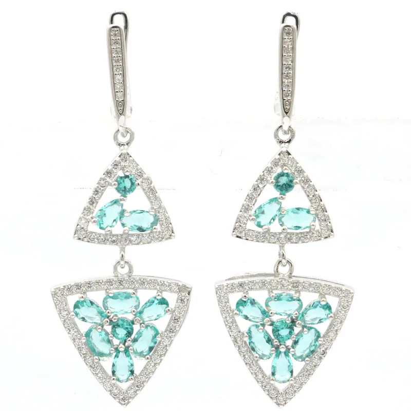 

54x19mm New Statement Trangle Shape Created Blue Aquamarine Zircon For Women Wedding Silver Earrings