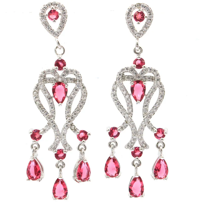 

55x15mm Long Big Pink Raspebrry Rhodolite Garnet London Blue Topaz CZ Woman's Wedding Silver Earrings