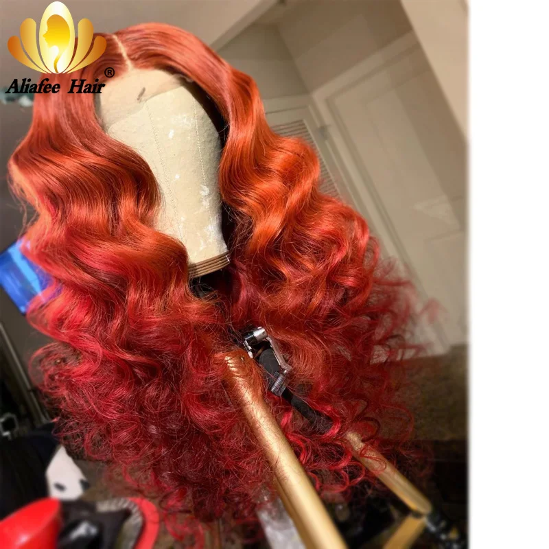 

Loose Wave Wig Orange/Red Ombre Colored 13x4 Lace Front Wigs Remy Glueless 100% Curly Human Hair Wig 150% Density With Baby Hair