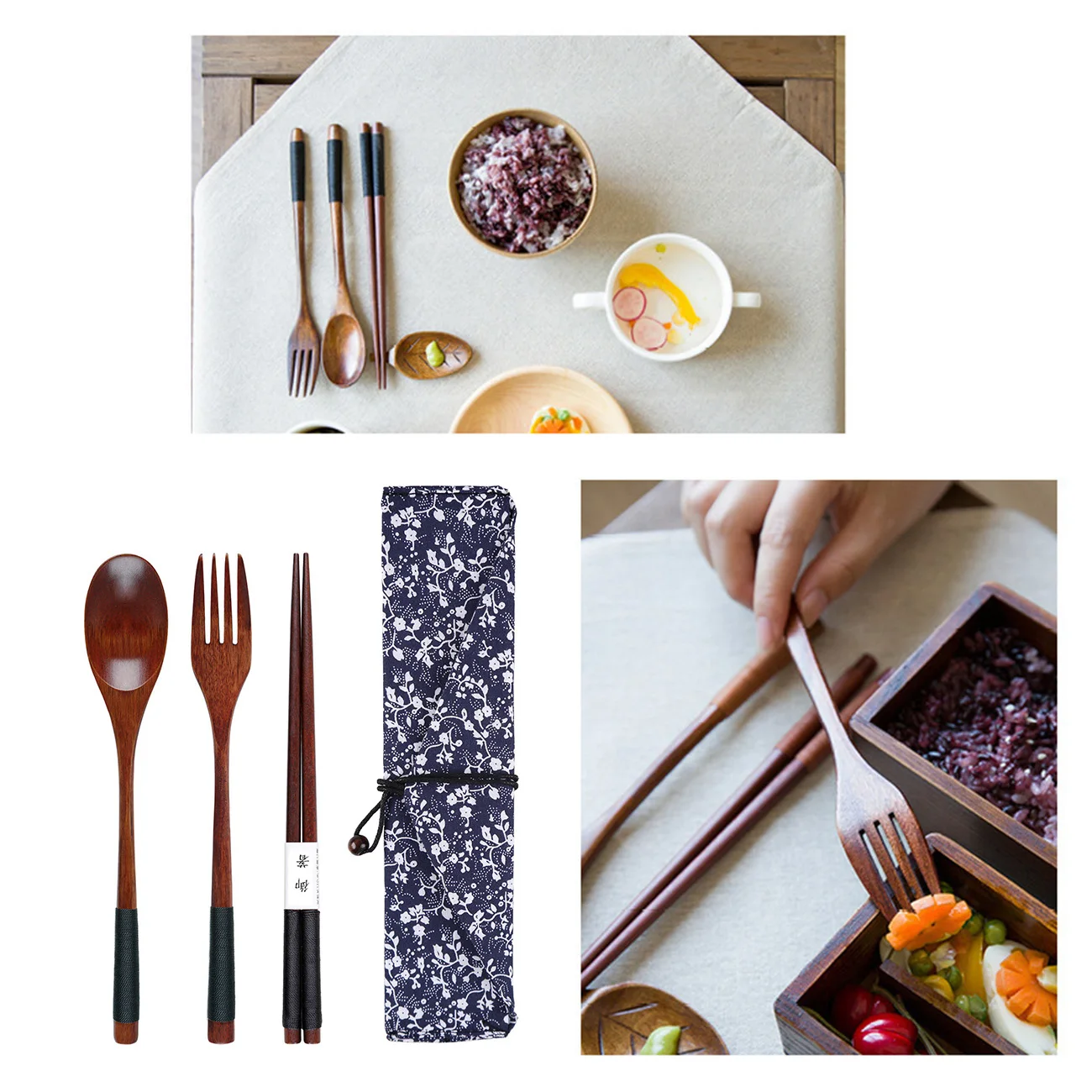 

1PCS Wooden Chopsticks Spoon Fork Set Japanese Style Tableware Travel Utensils with Pouch for Camping Picnic Office or Home