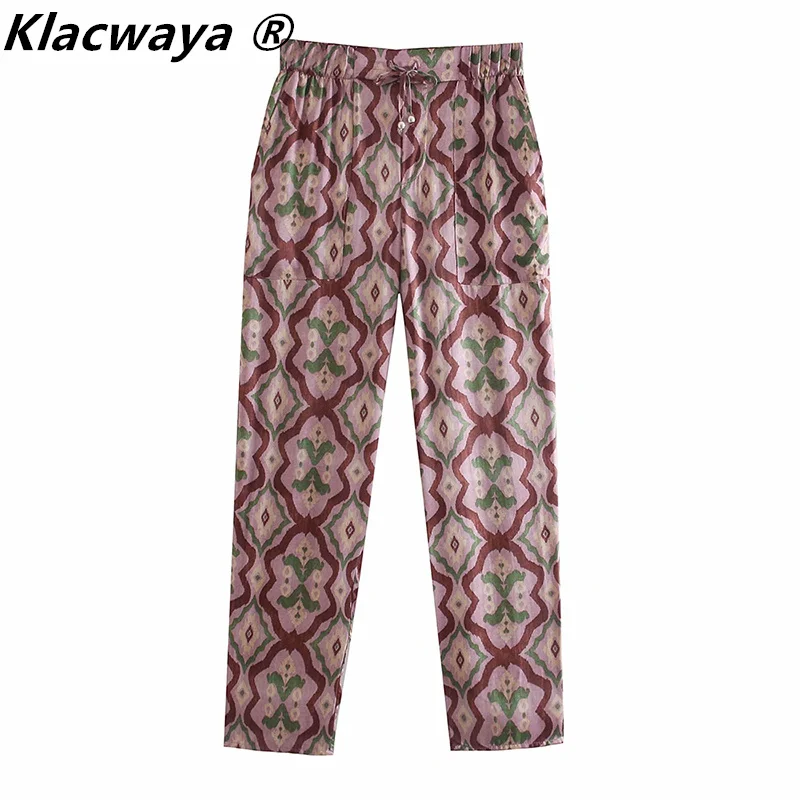 

Klacwaya Women 2021 Vintage Geometric Print Pleats Haren Pants Female Chic Elastic Waist Lace Up Summer Calf Length Trousers