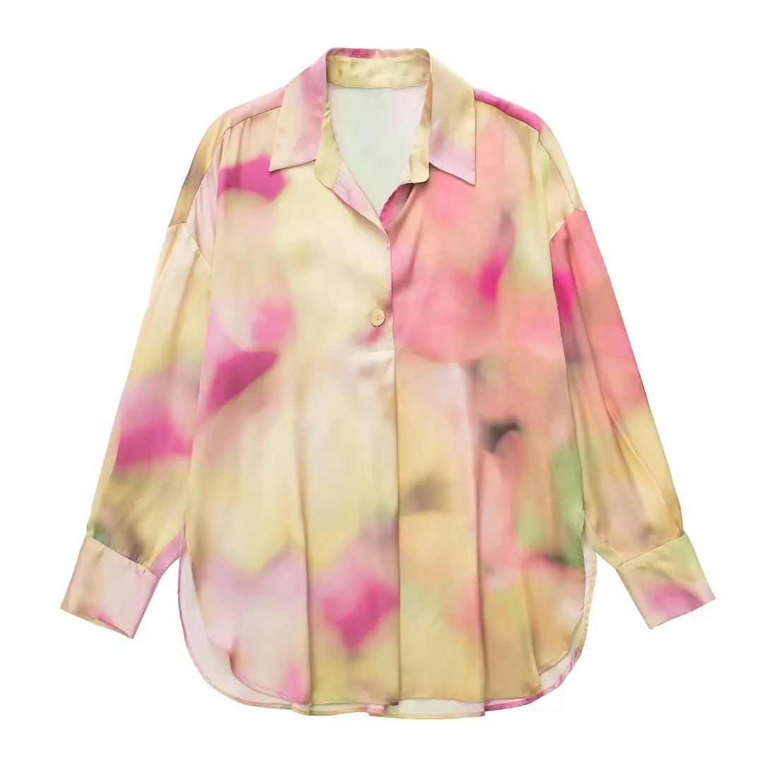 

2022 New Spring Tie Dye Satin Effect Blouse Women V-neck Lapel Collar Long Sleeves Fluid Shirt Asymmetric Hem with Side Vents