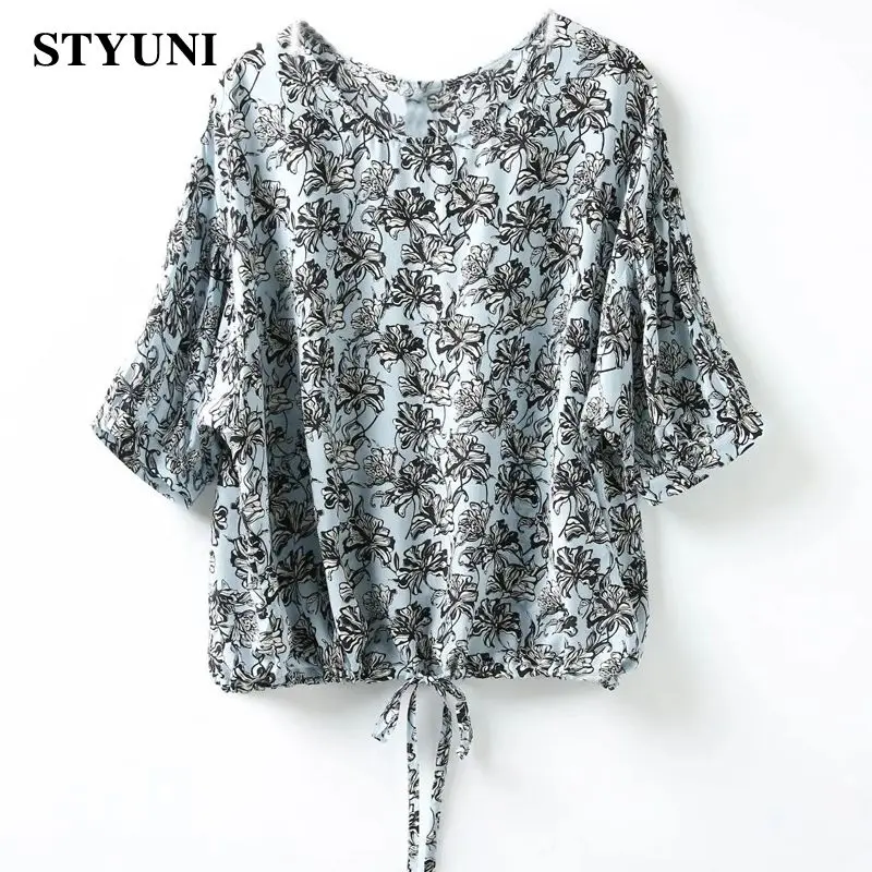 

Round neck floral short-sleeved chiffon top fashion woman blouses 2022 summer loose casual vintage lace-up Women's shirt blouse