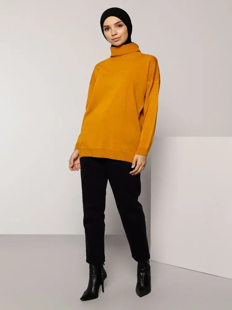 

Throated Neck Sweater Tunic Sweater Women's Long Sleeve Casual Winter 2021 Fashion Soft Fabric Muslim Hijab Abaya Kaftan Dubai
