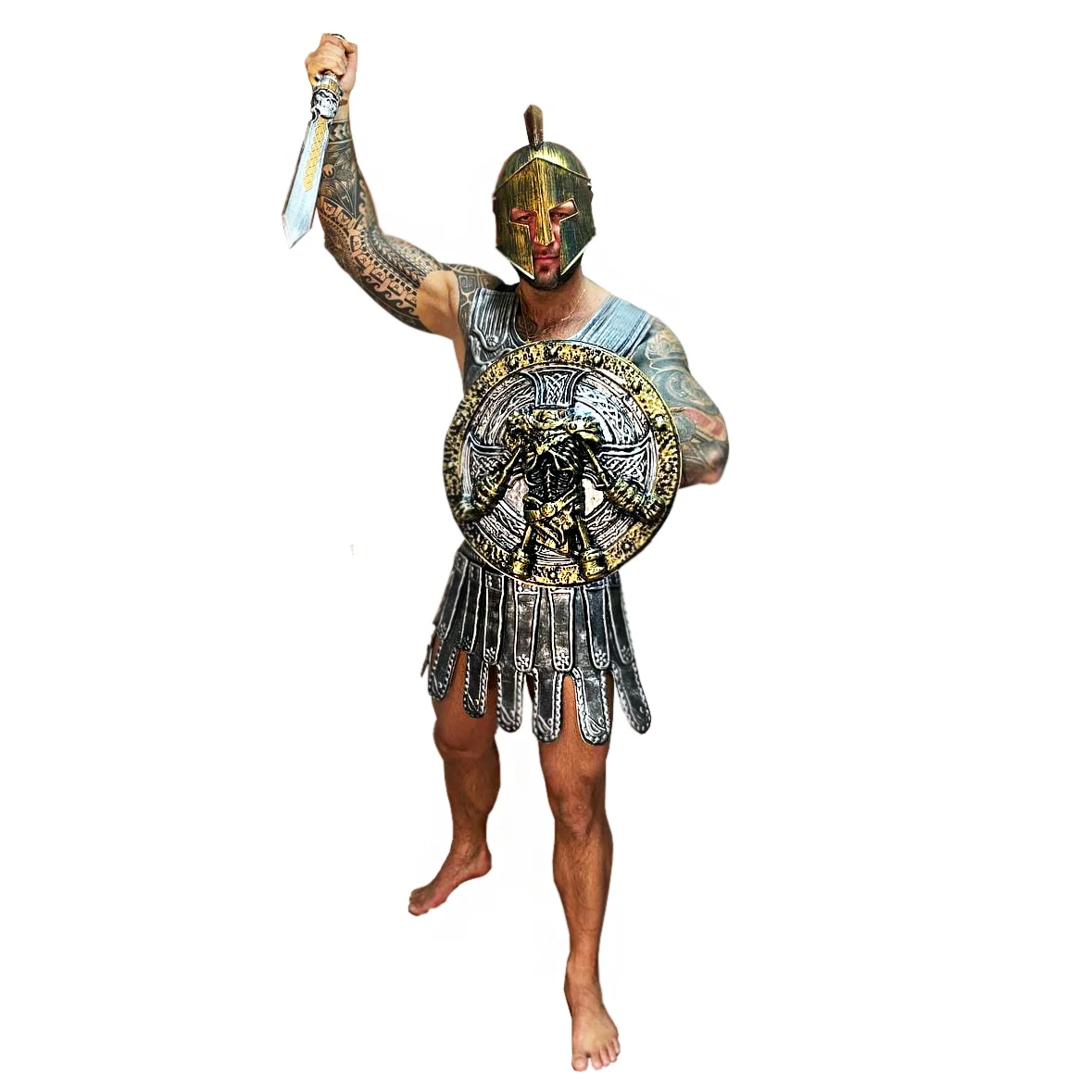 Костюм карнавала гладиатора, панцирь из бутафории, спартанский меч, щит, шлем, косплей, театр, мужчины, оружие, игрушка.