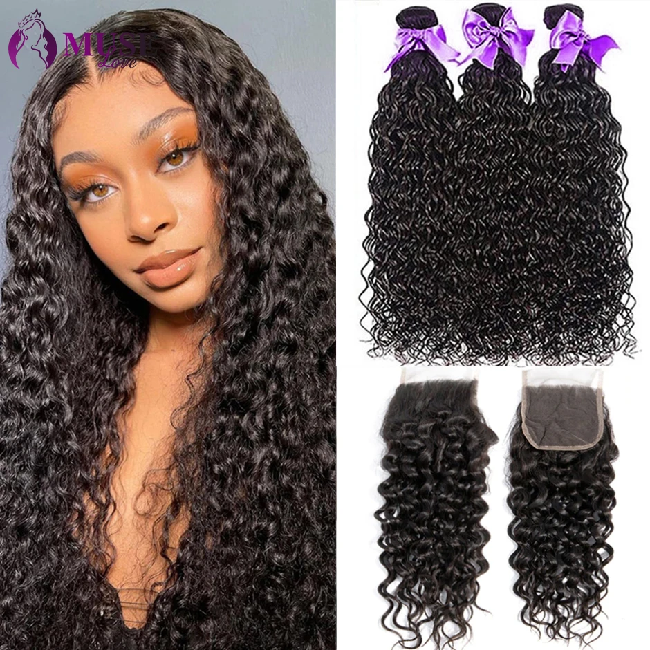 Water Wave Bundles With Closure Brazilian Hair Curly Weave 3 Bundles With 4x4 Lace Closure Remy Human Hair Bundles With Closure